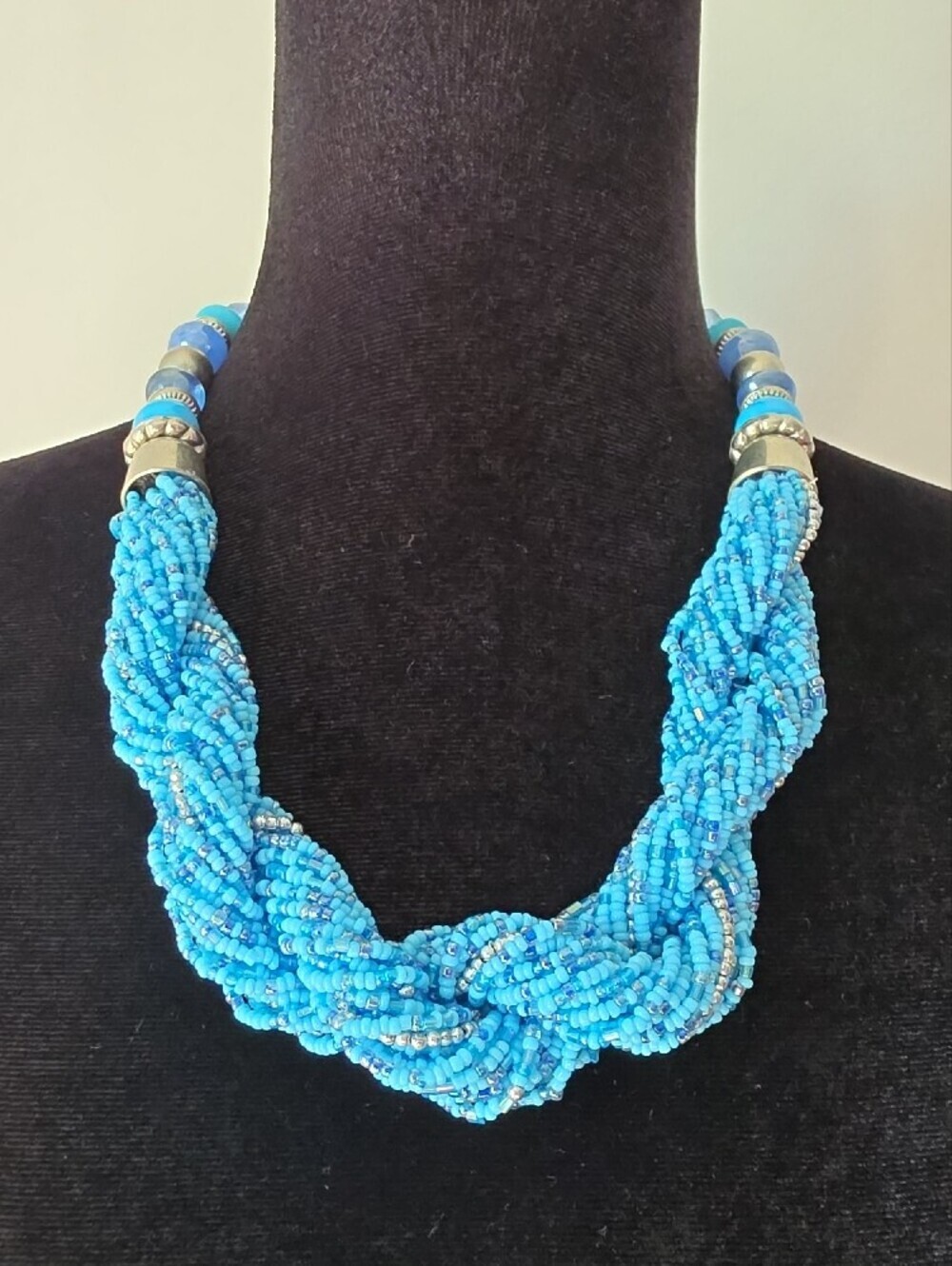Handmade Turquoise Blue Beaded Twist Necklace - Picture 2 of 7